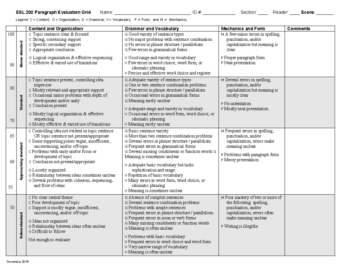 202 paragraph grid - ESL 202 Paragraph Evaluation Grid Name