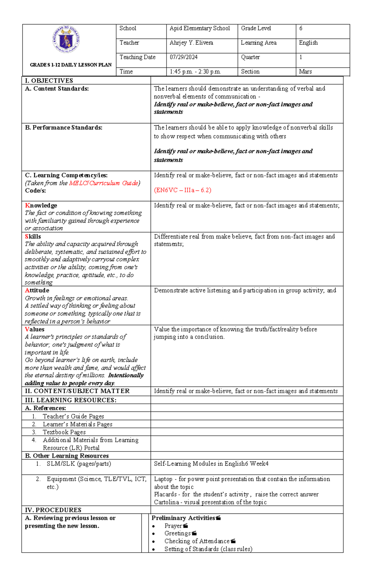 English 6 - Daily Lesson Plan on Verbal & Nonverbal Communication - Studocu