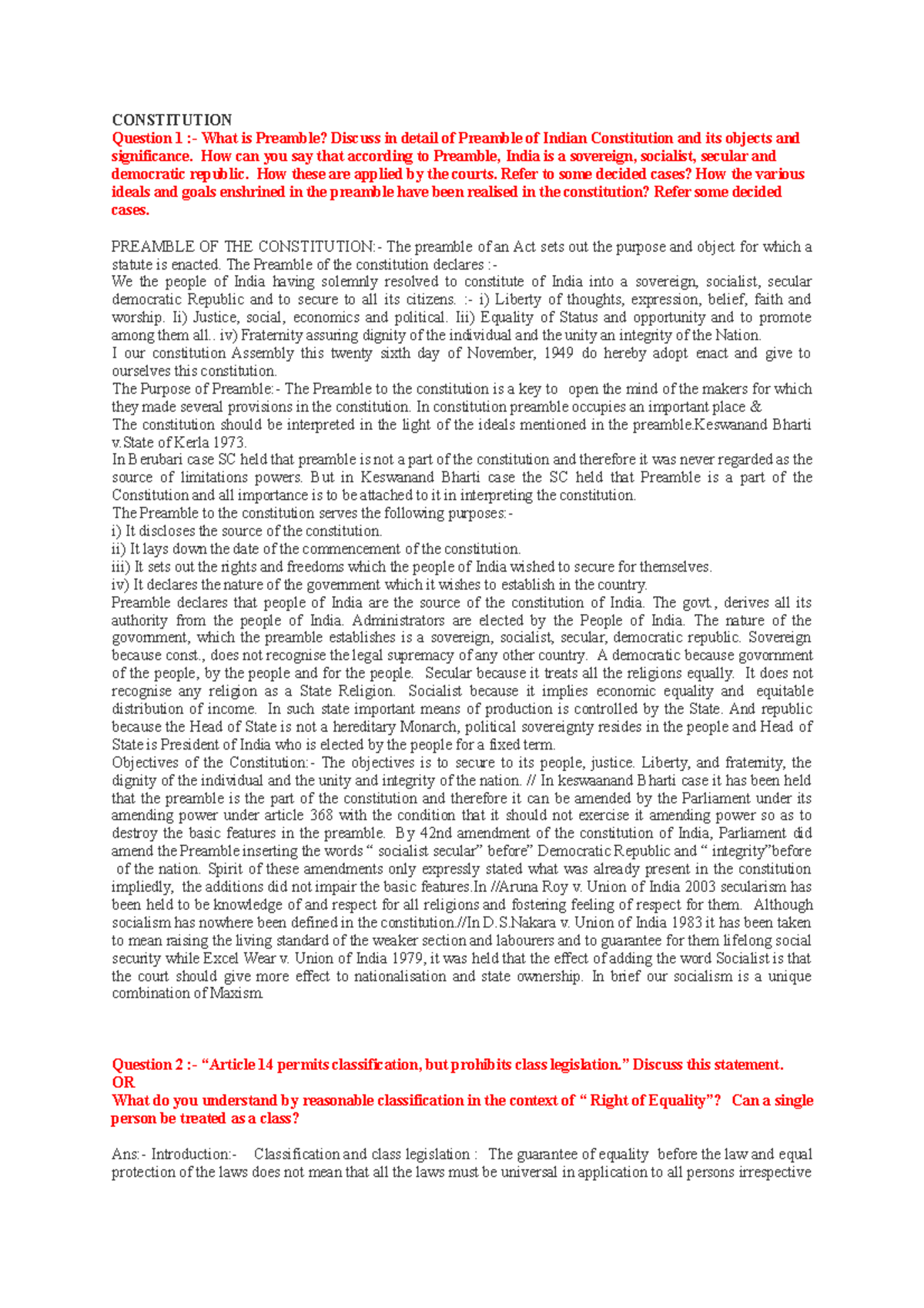 Constitutional Law notes - CONSTITUTION Question 1 :- What is Preamble ...