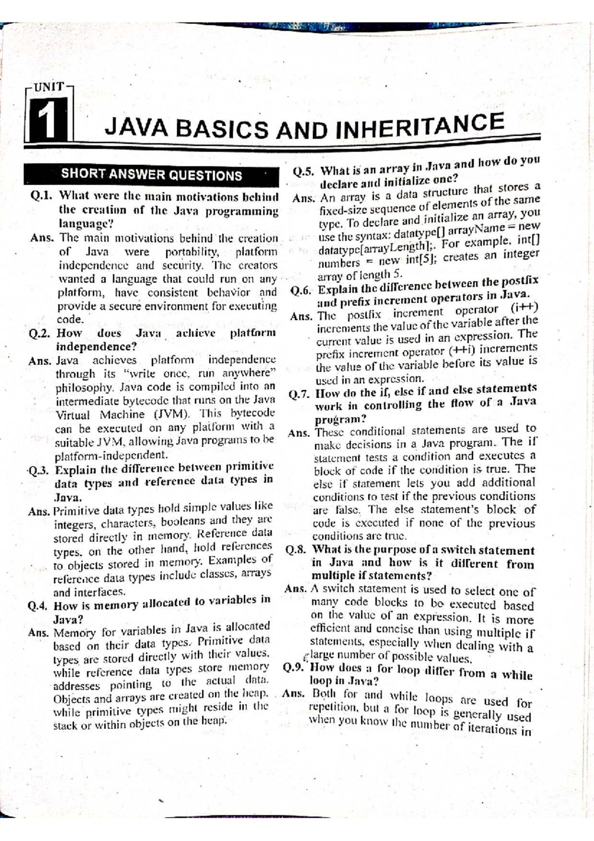 Java Basics and Inheritance: Short Answer Questions and Concepts - Studocu