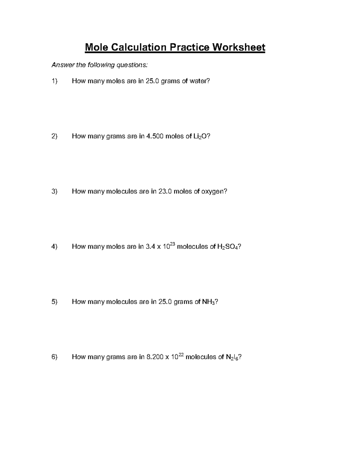 Mole Calculation Practice Worksheet (Chemistry 101) - Studocu