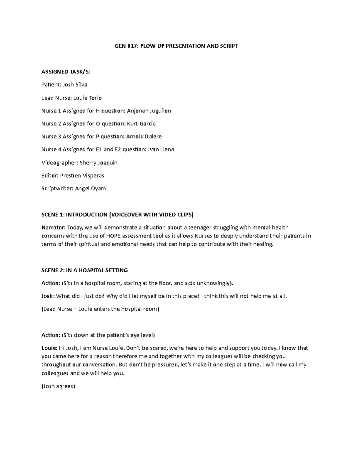 GEN 017: SCRIPT FOR PATIENT INTERACTION ON MENTAL HEALTH - Studocu