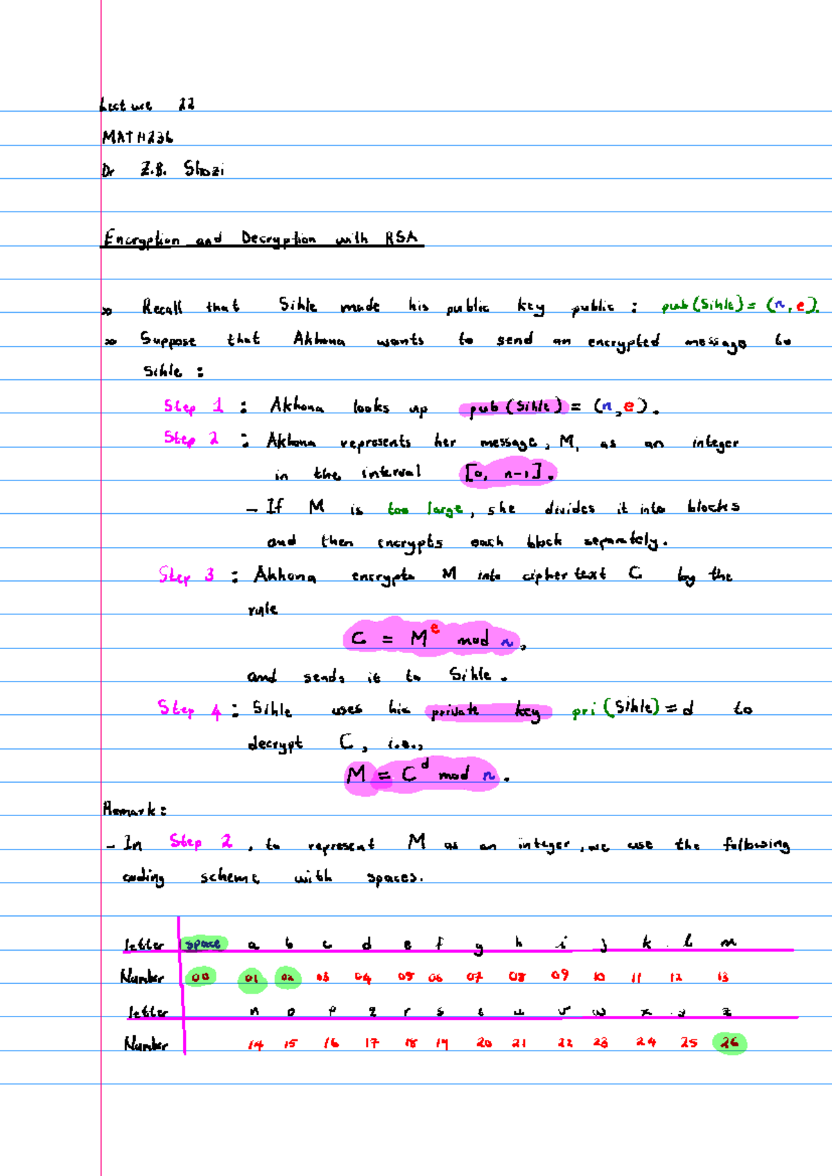 Lecture 22 MATH236 RSA Encryption & Decryption Notes - Studocu