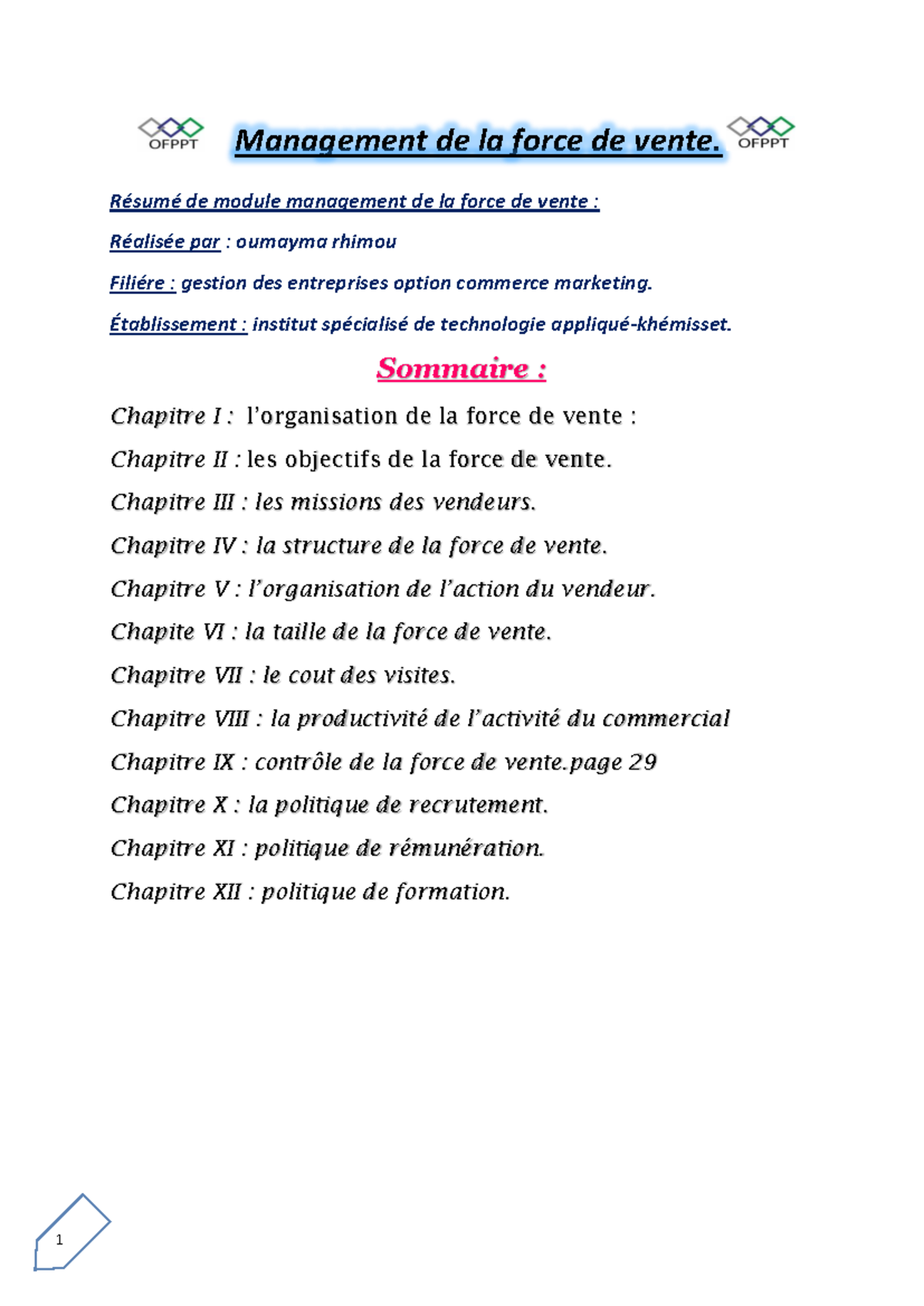 **Résumé Complet du Module: Management de la Force de Vente (MGT101 ...