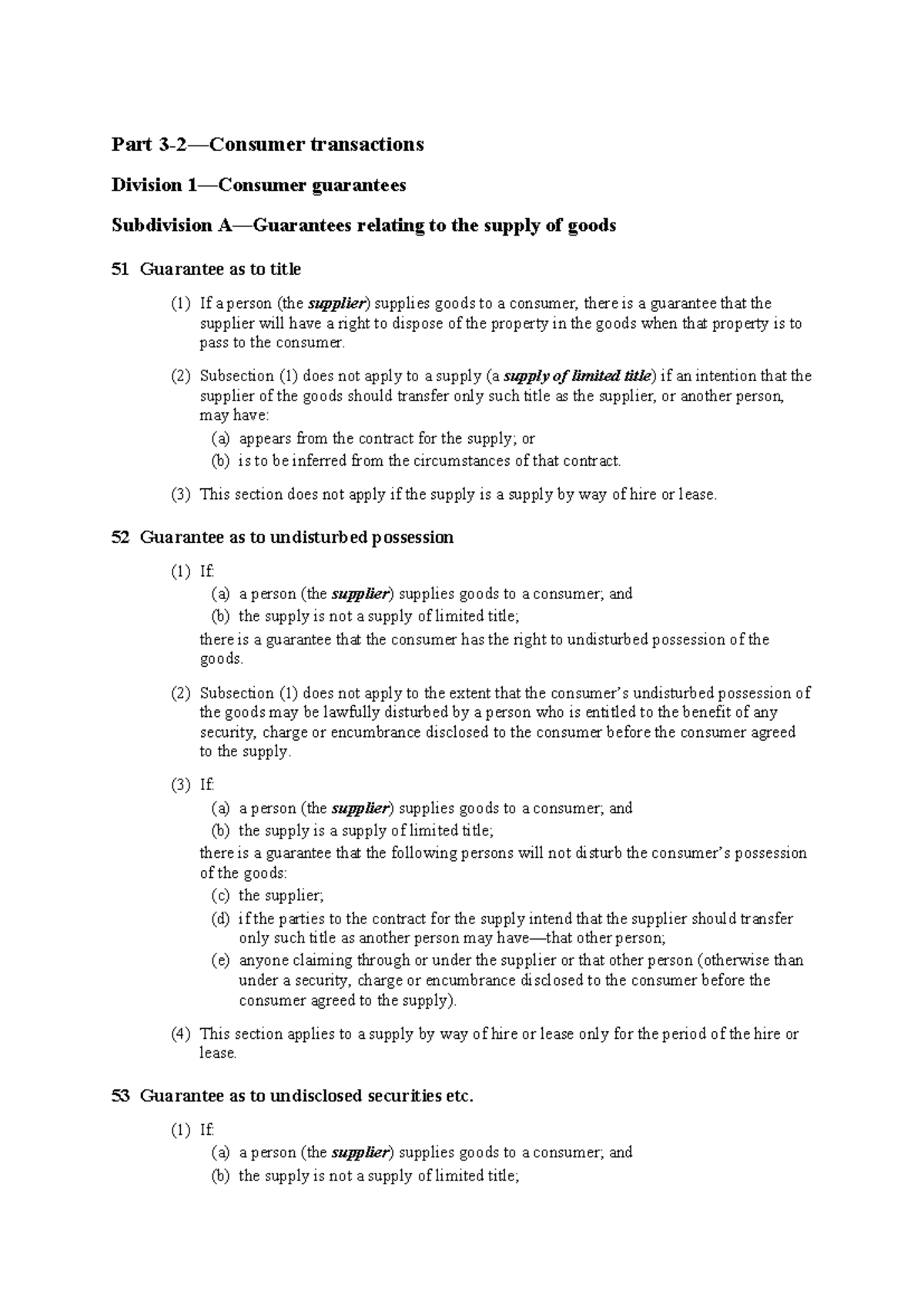 ACL ss 51-63: Consumer Guarantees on Supply of Goods and Services - Studocu