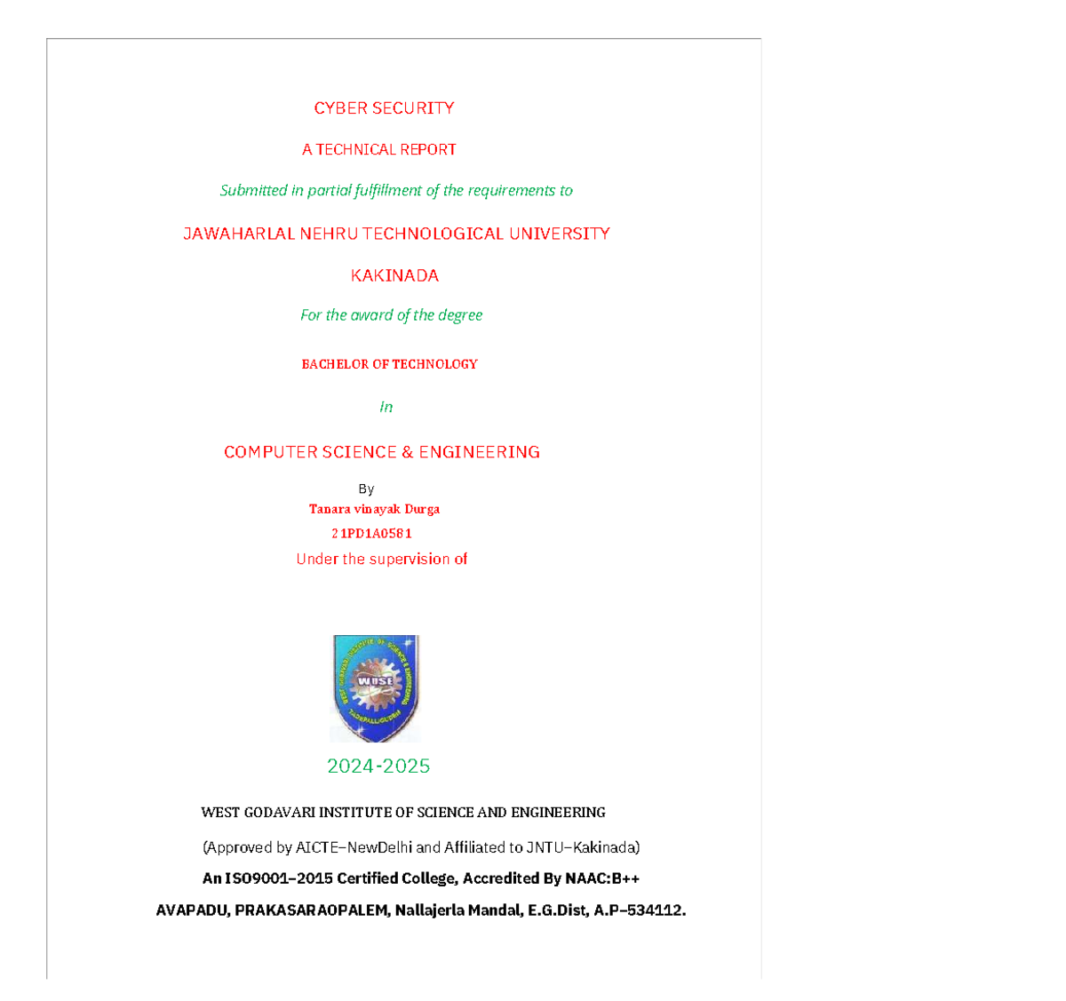 Cyber security technical report for B.Tech in CSE - 21PD1A0581 - Studocu