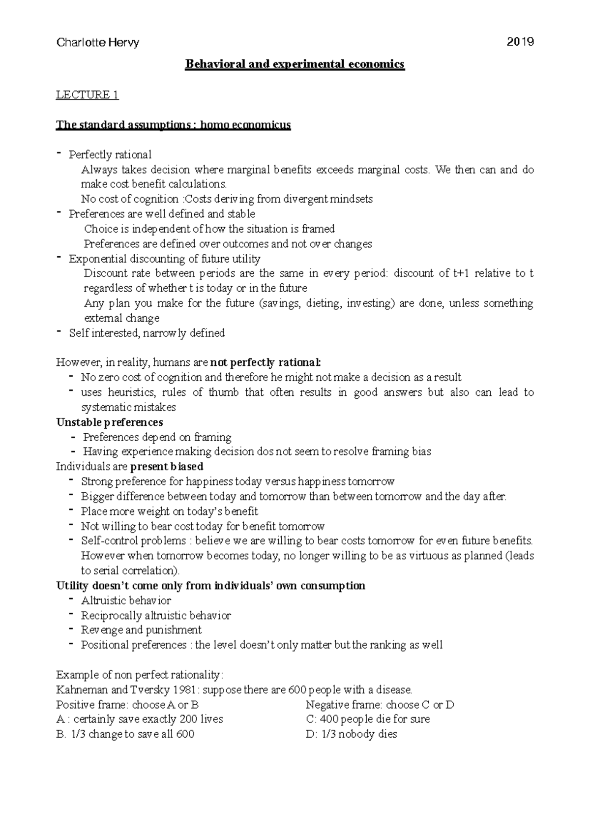 Behavioral Economics - Lecture Notes on Decision Making & Utility - Studocu