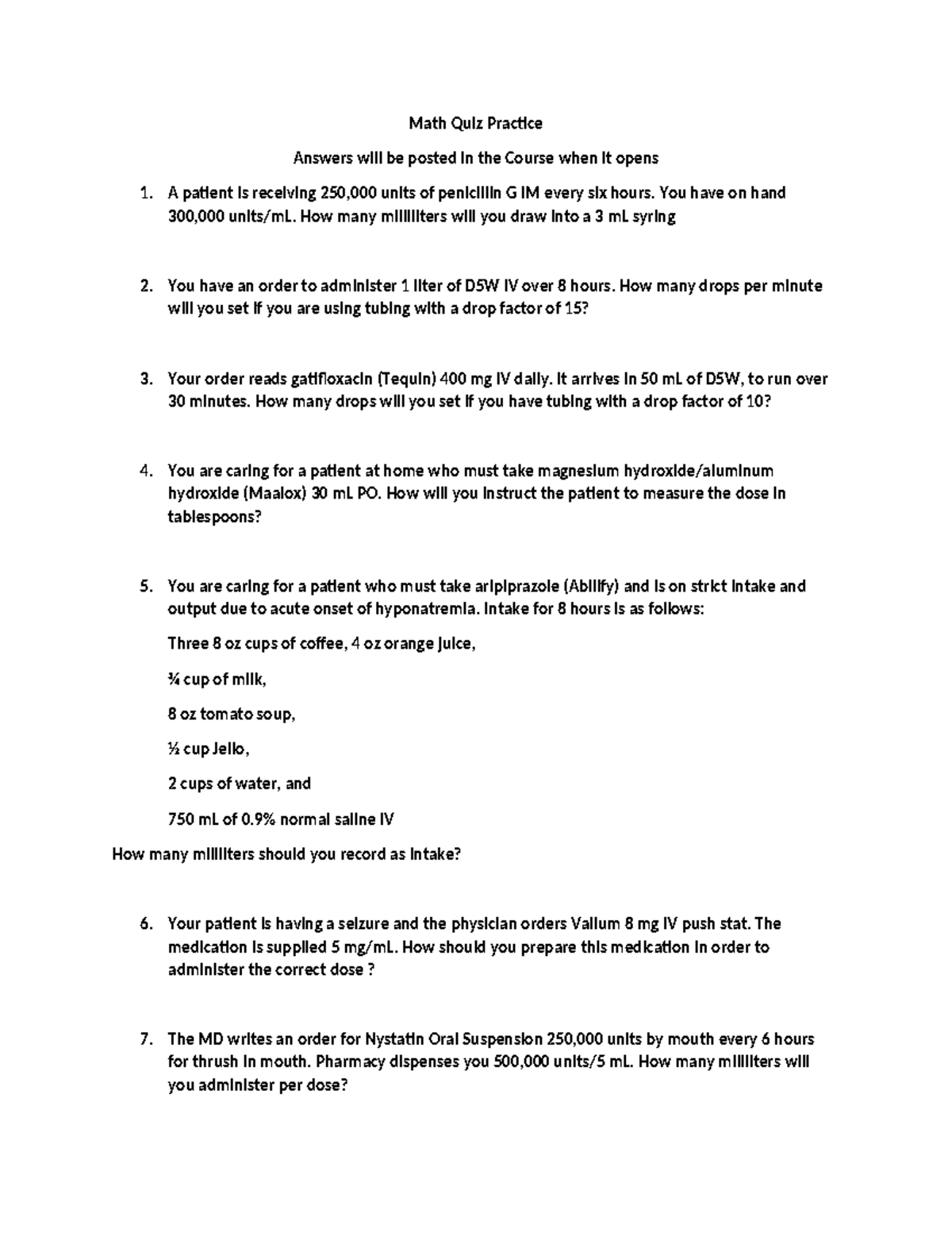Mental Health Math Pre-Quiz Practice Questions (No Answers) - Studocu