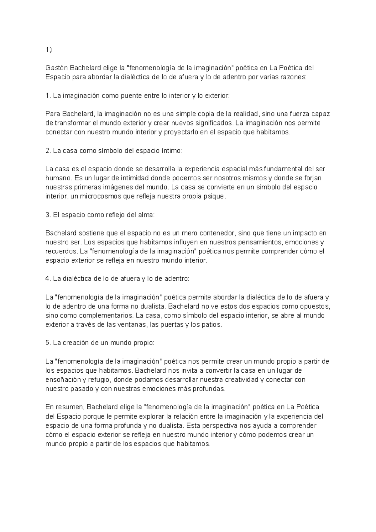 Respuestas TP1 - Resumen La poetica dello spazio - 1) Gastón Bachelard ...