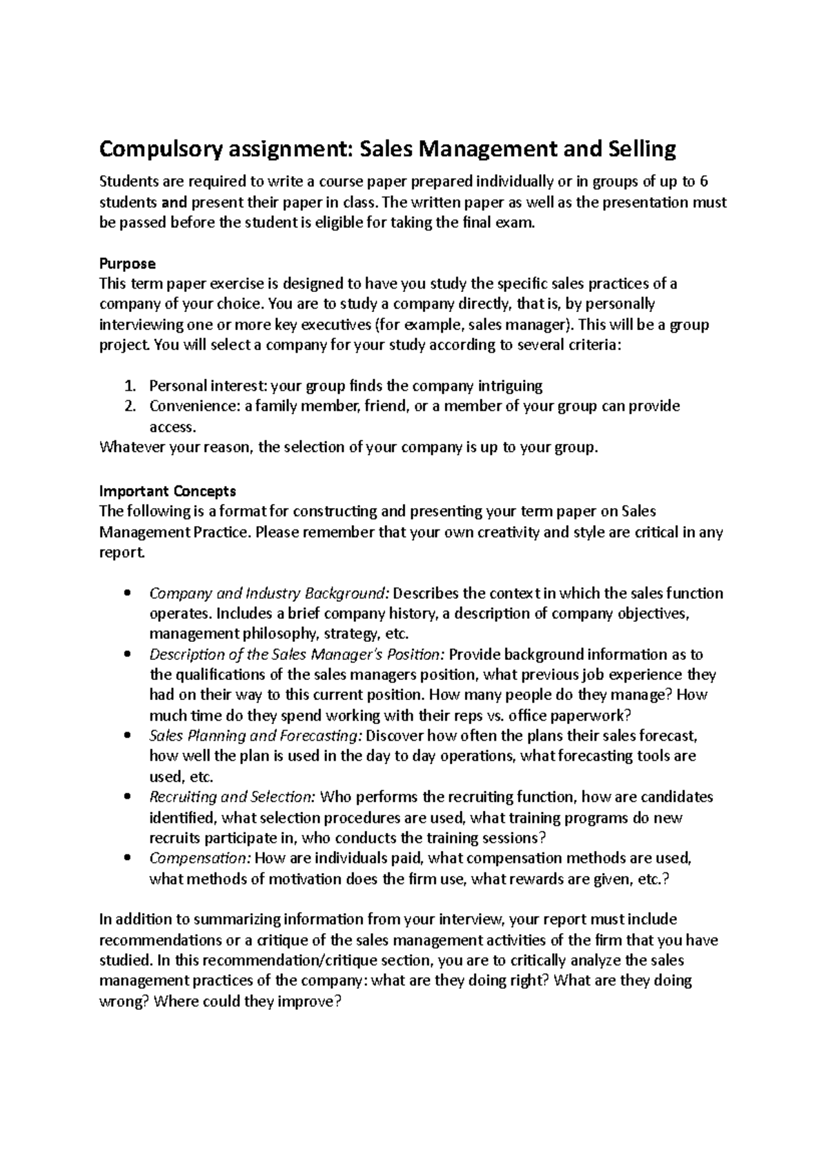 Sales Management Compulsory Assignment: Project Guidelines & Tips - Studocu