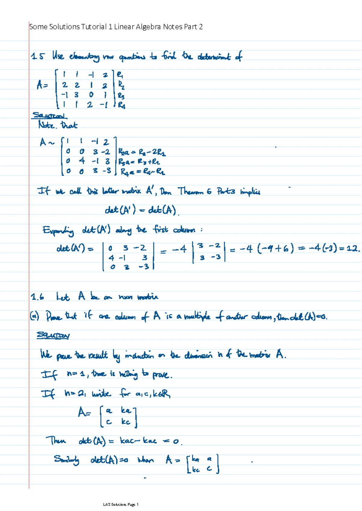 Tutorial 1: Exercise Set 4.2 - Subspaces and Linear Combinations - Studocu