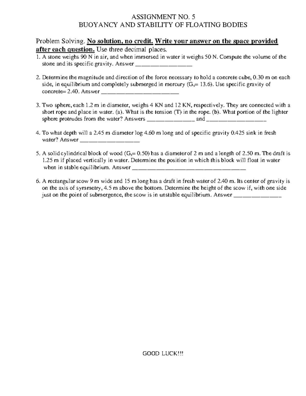 Assignment No 6 Sept 2 2025 Buoyancy Stability Of Floating