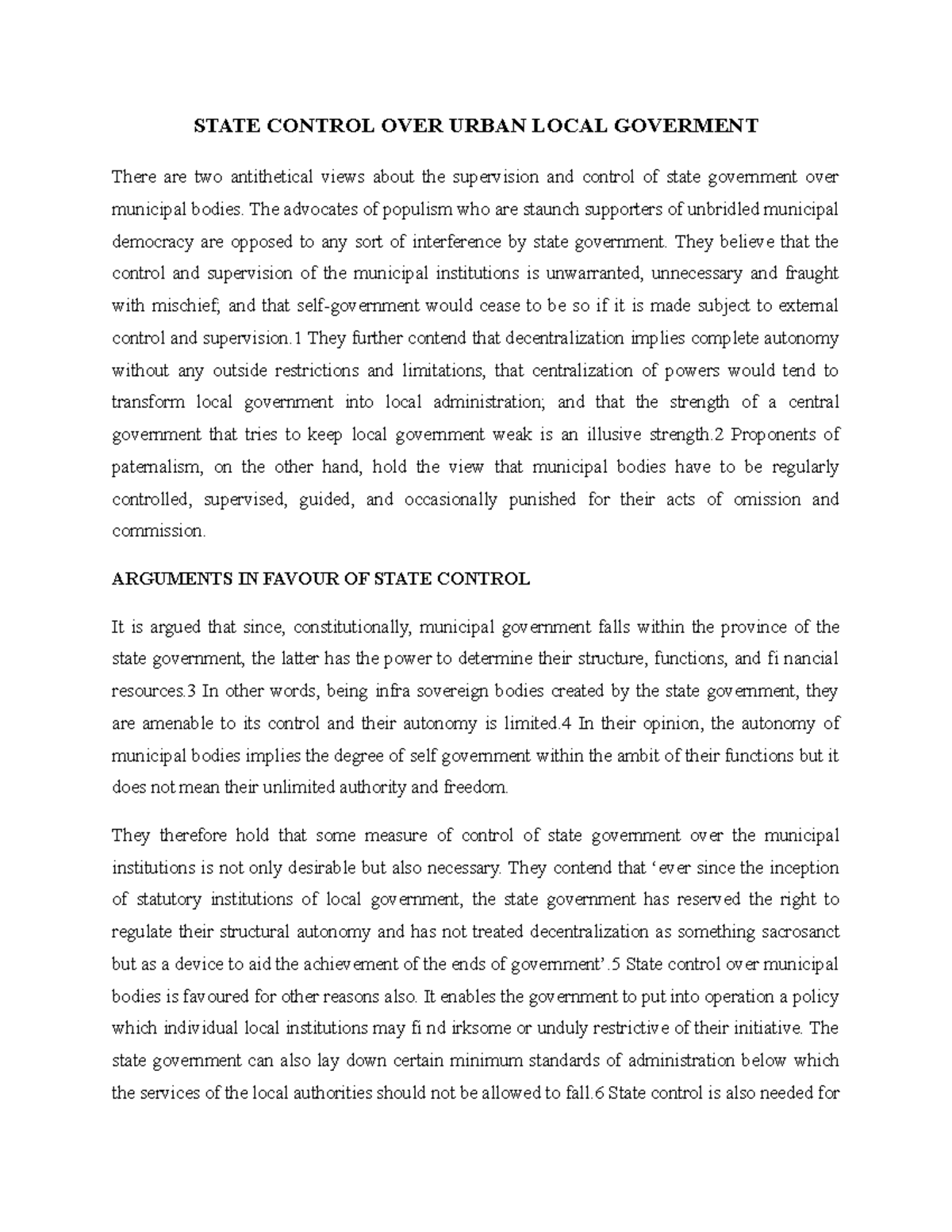 State Control Over Urban Local Government: Analyzing Perspectives - Studocu