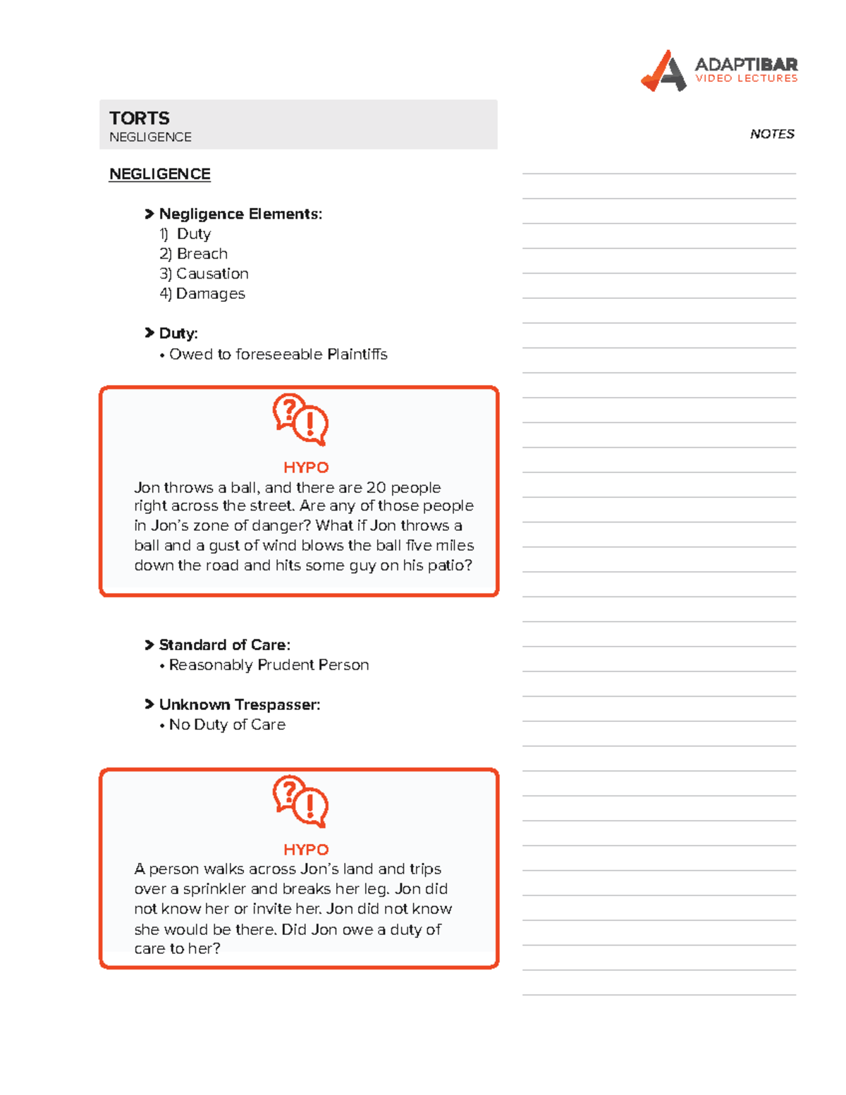 Torts (LAW 101) Final Exam Notes: Key Elements of Negligence - Studocu