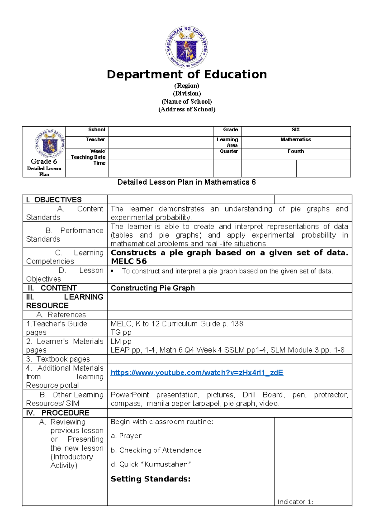 COT MATH 6 Q4 W4 - Detailed Lesson Plan on Pie Graphs and Probability ...