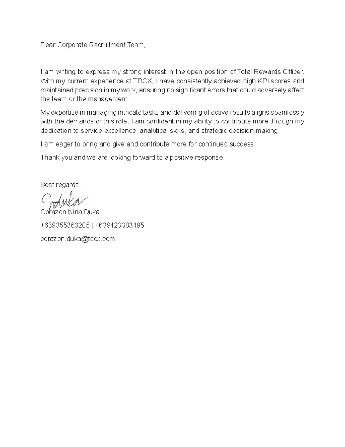 Letter of Intent for Total Rewards Officer Position - CNDuka - Studocu