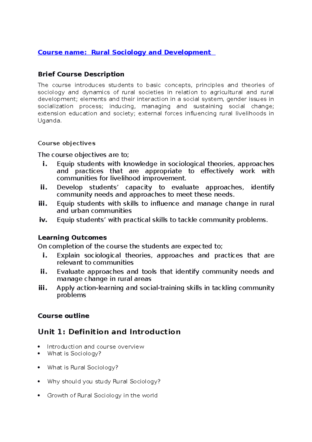 Rural Sociology and Development Course Outline - RS 101 - Studocu