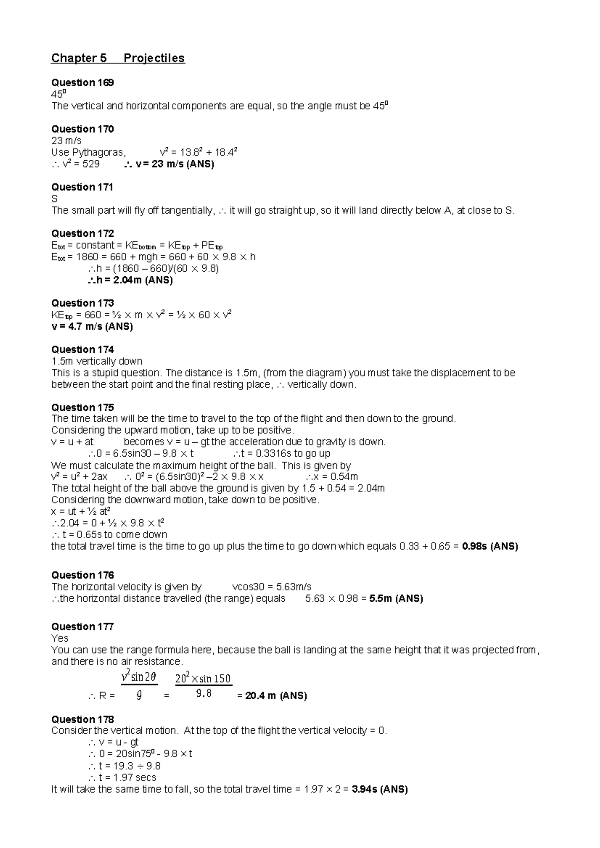 Chapter 5 Projectile Motion Solutions: Detailed Answers to Questions ...