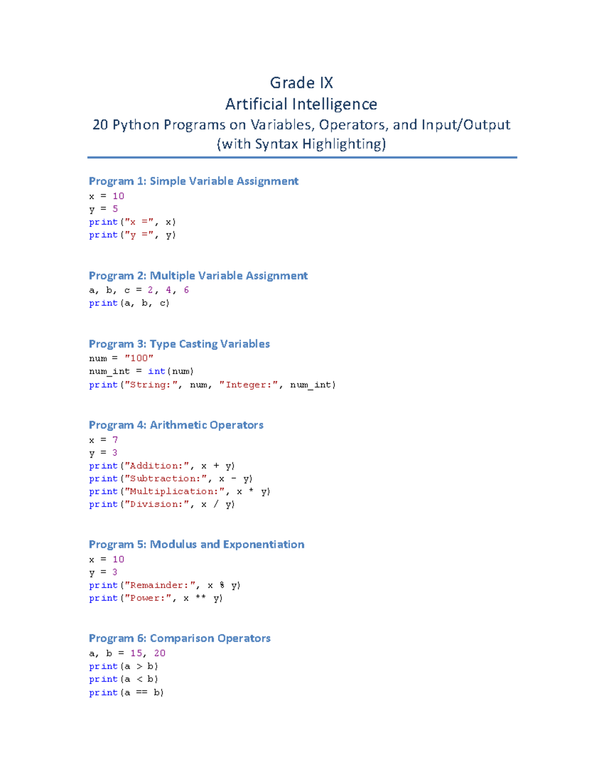 Grade IX AI: 20 Python Programs on Variables & Operators - Studocu
