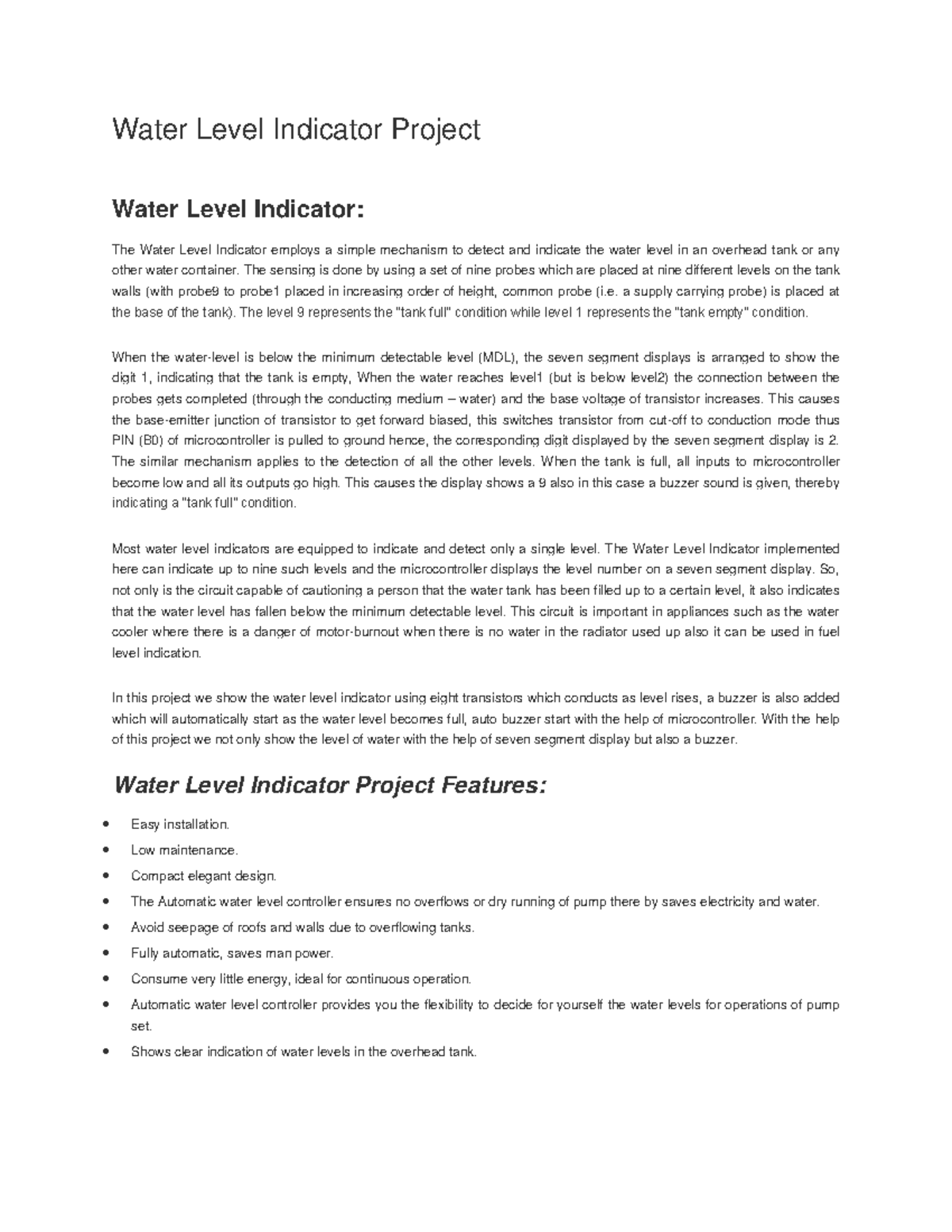Water Level Indicator Project - The sensing is done by using a set of ...