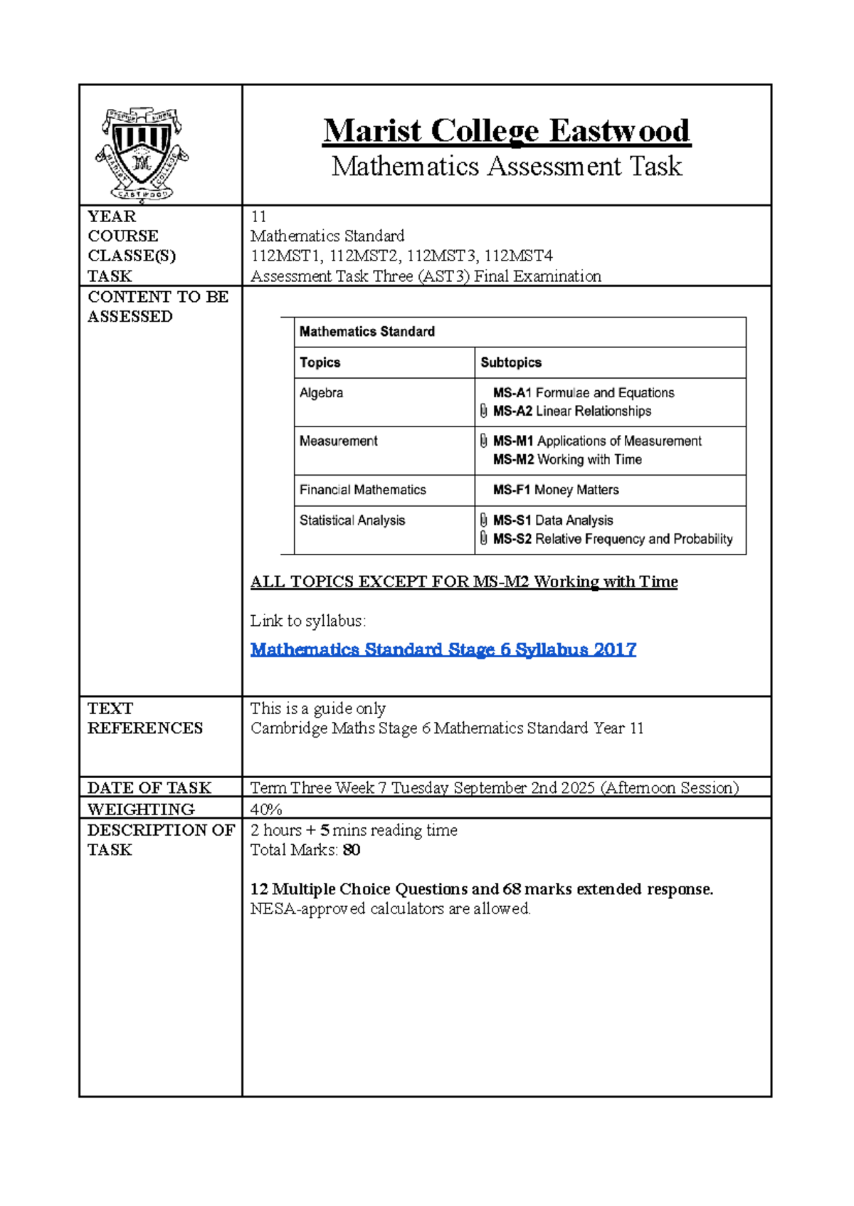 2025 YEAR 11 Mathematics Standard 112MST AST 3 Final Exam Guide - Studocu