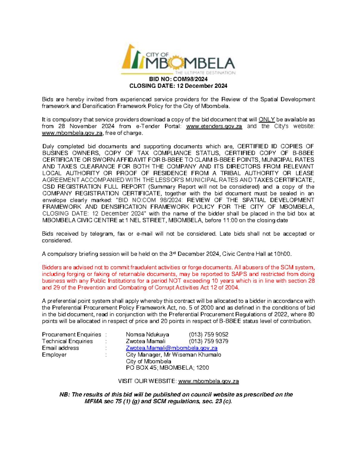 COM98-2024 Review OF Spatial Development AND Densification Framework ...