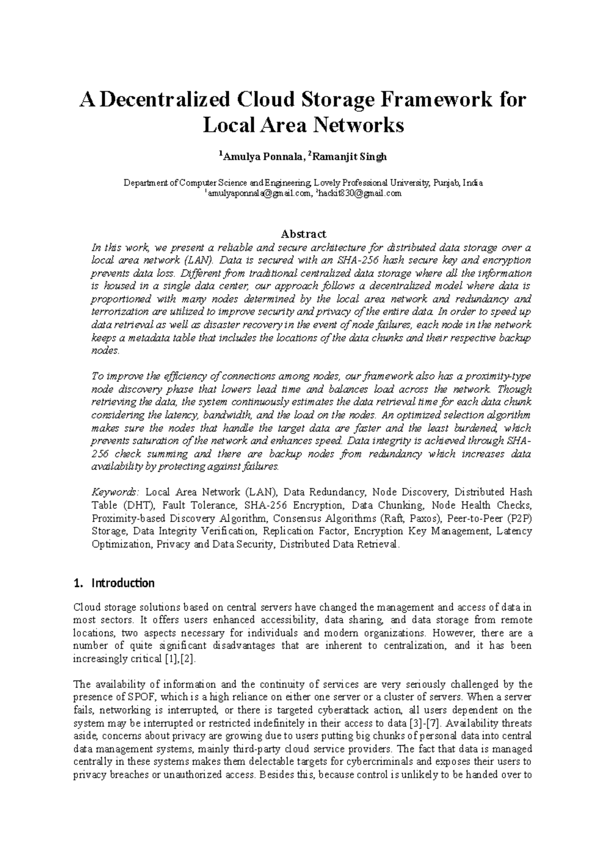 CS-701: Decentralized Cloud Storage Framework for LAN - Final Research ...