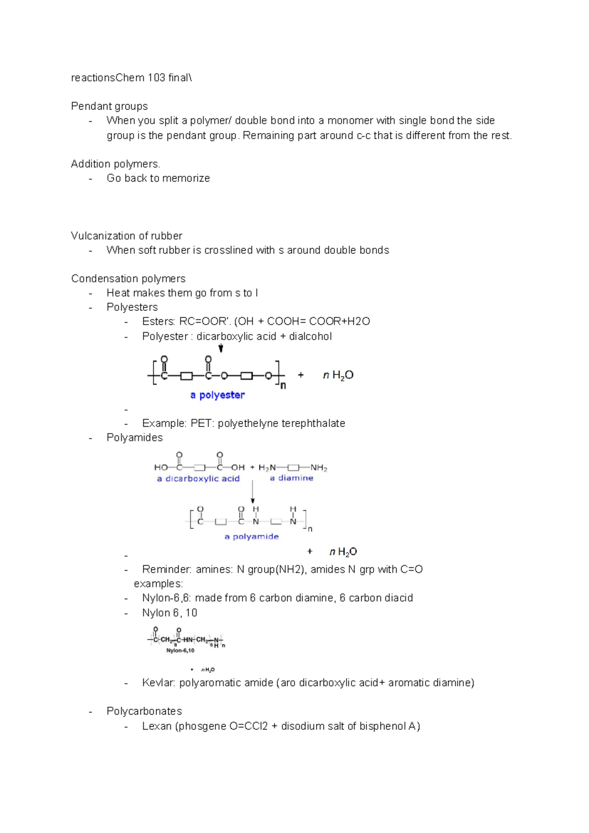 Chem 103 Final Exam Study Notes: Reactions and Polymer Chemistry - Studocu