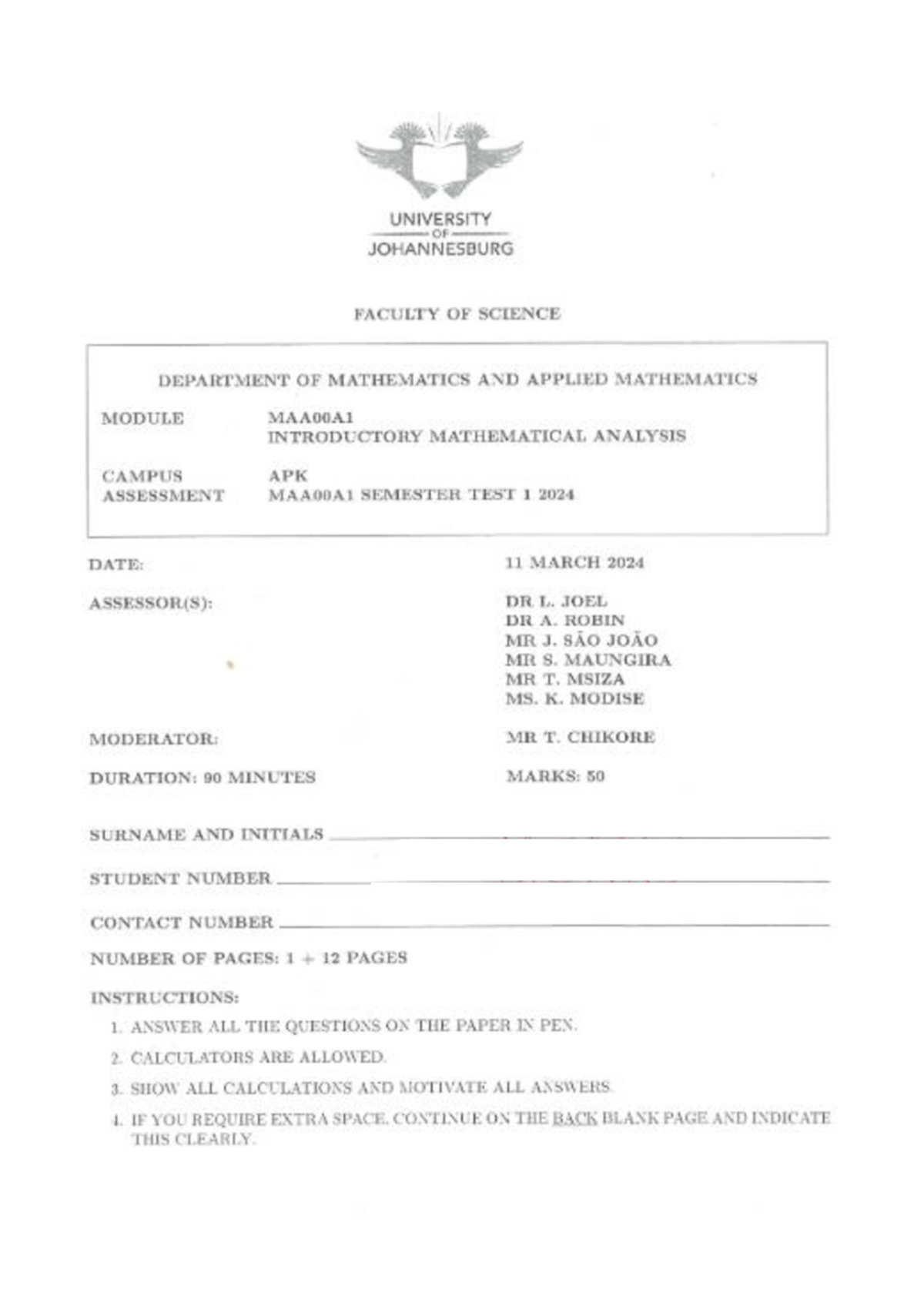 MAA00A1 2024 Introductory Mathematical Analysis Semester Test 1 - Studocu