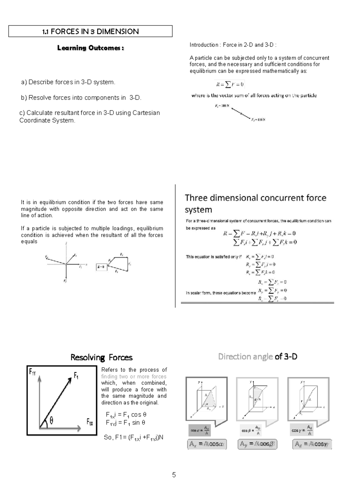 1.1 FORCES IN 3 DIMENSION: Equilibrium and Free Body Diagrams - Studocu