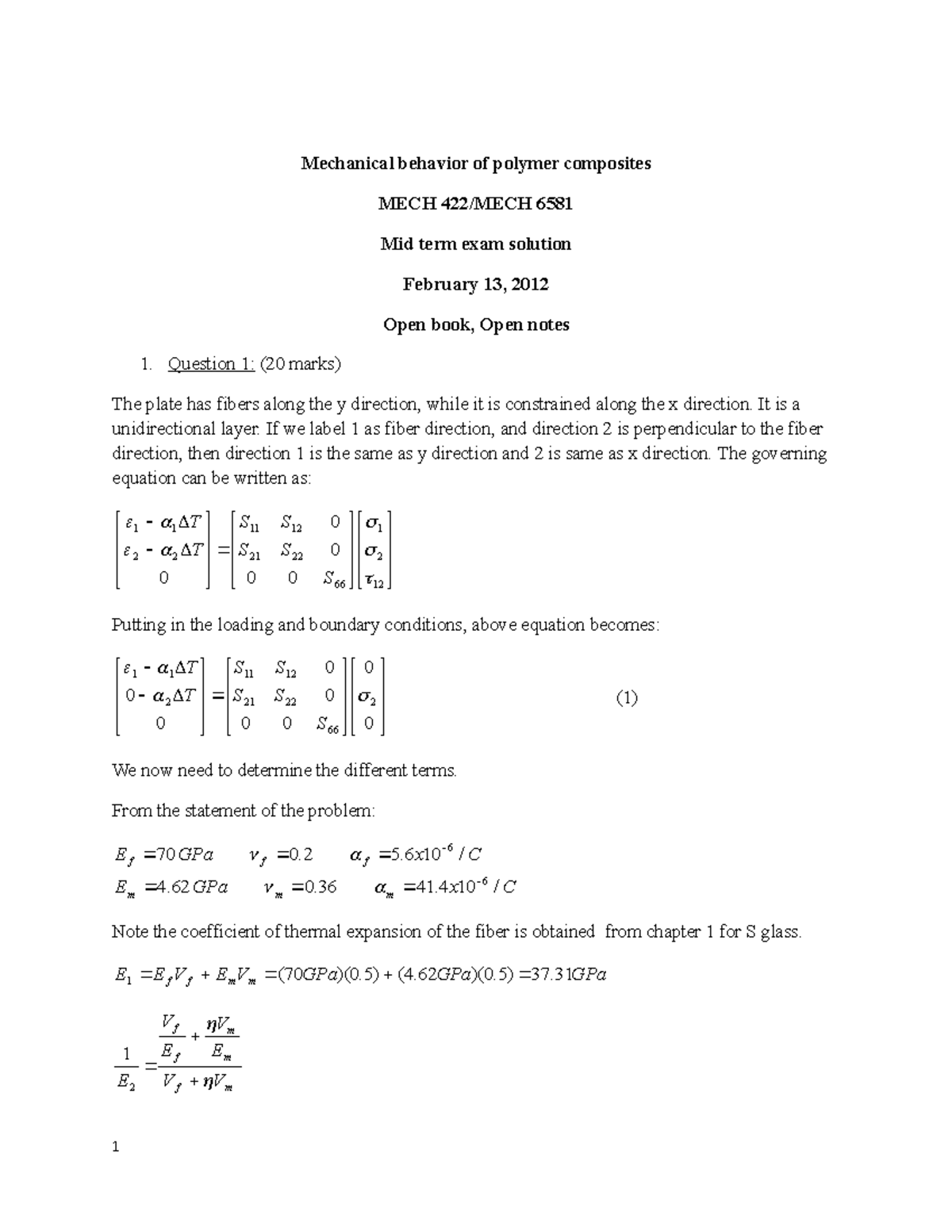 Midterm Exam Solutions for MECH 422/MECH 6581 (2012) - Studocu