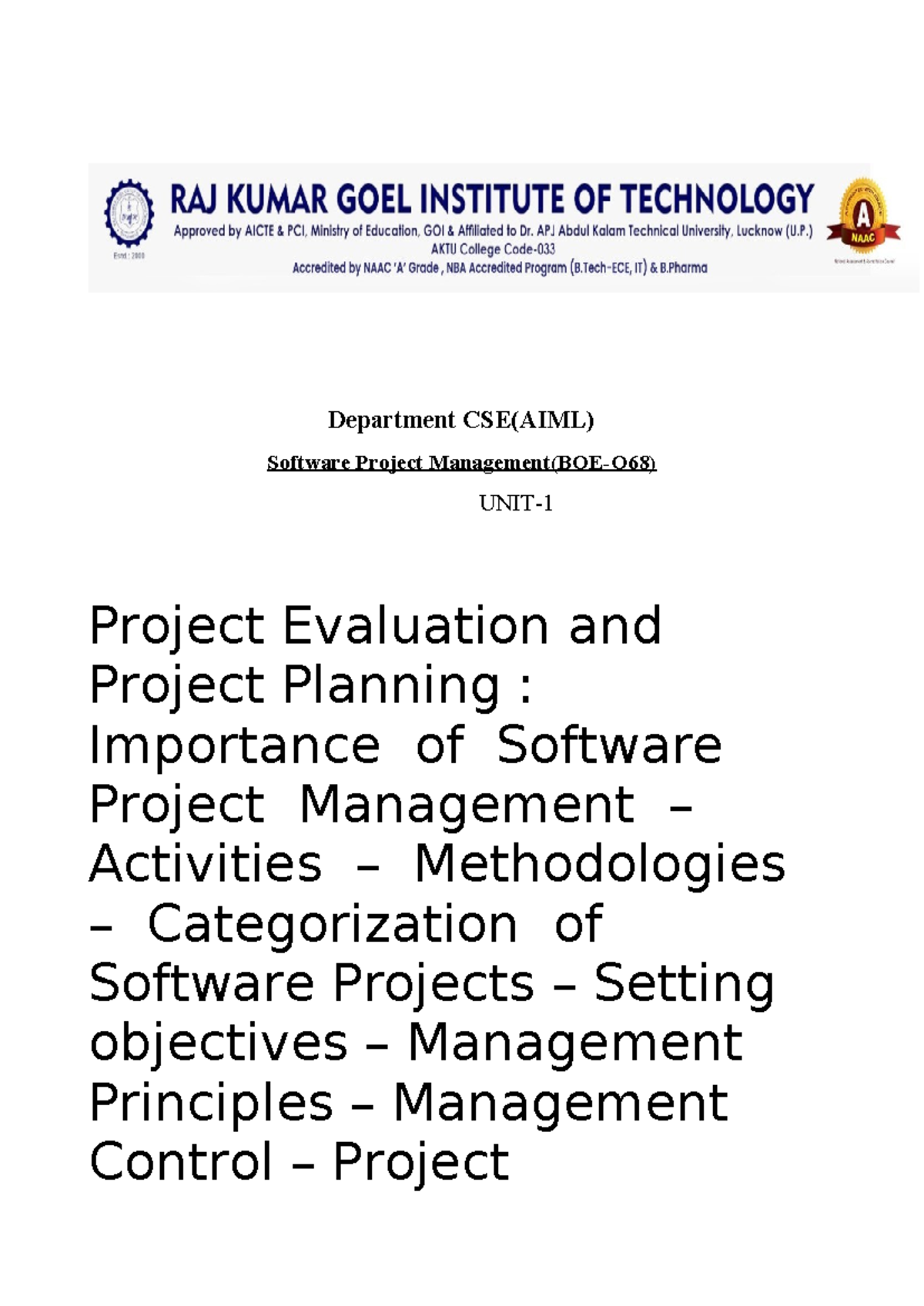 CSE(AIML) Unit 1: Software Project Management Evaluation & Planning ...