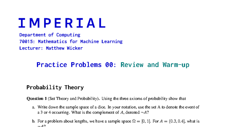 Problems 0 - 70015: Mathematics for Machine Learning Practice Questions ...