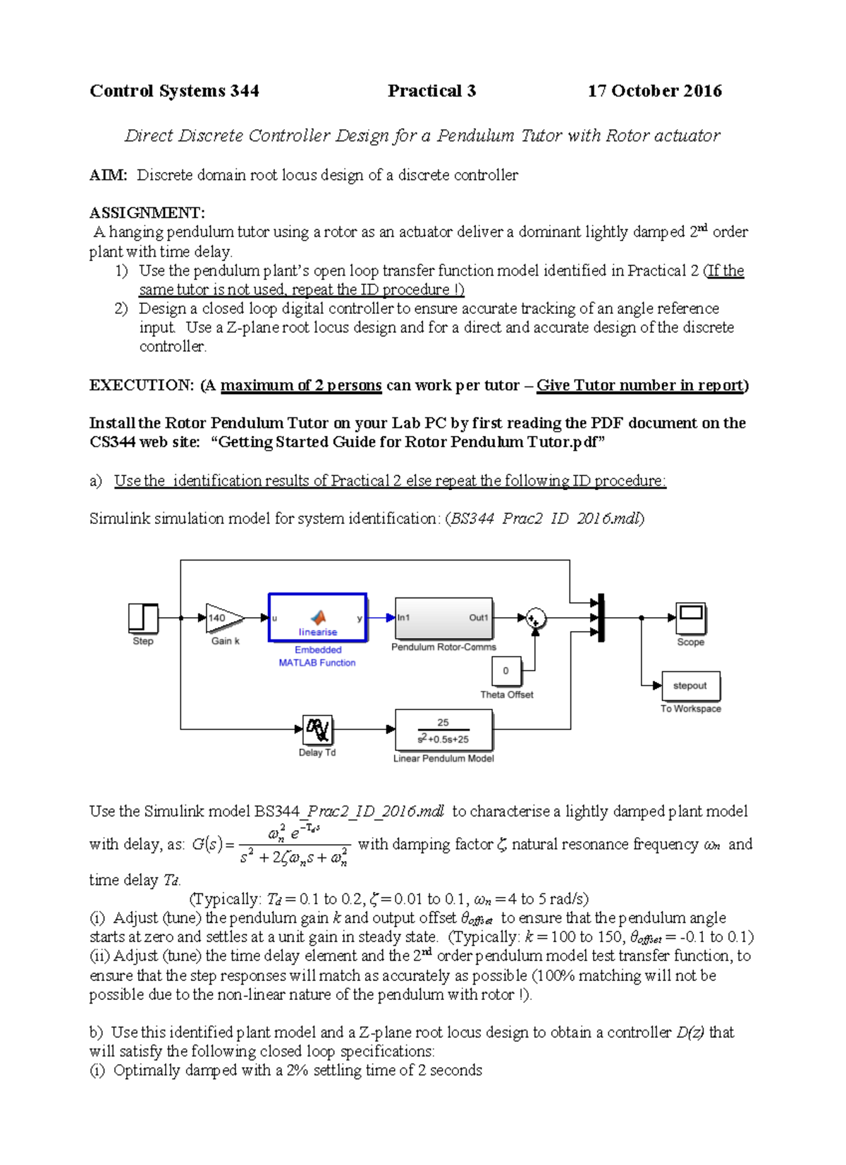 BS344 Prac3 - Discrete Controller Design for Pendulum Tutor - Studocu