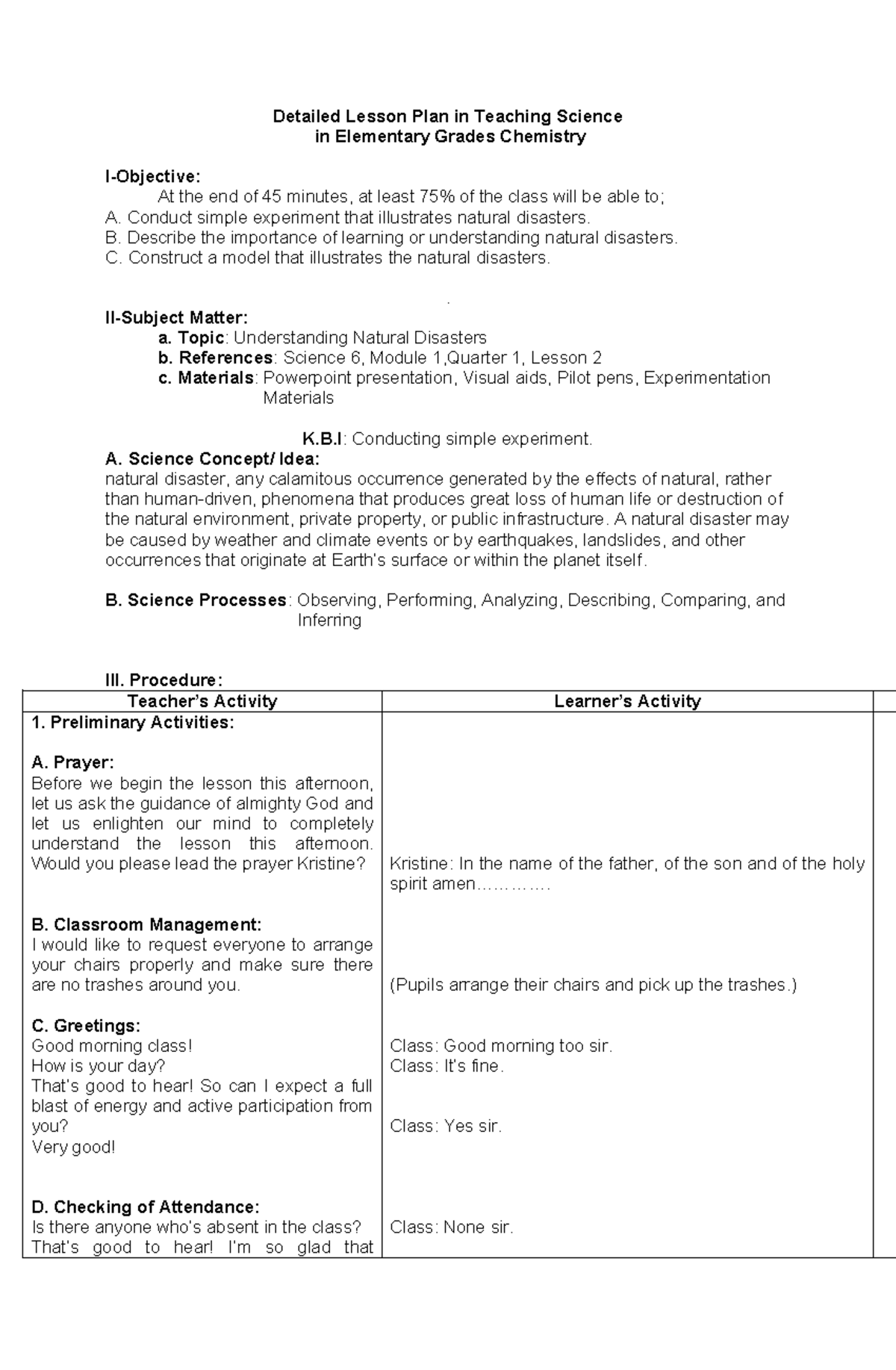 Detailed lesson plan on natural disasters for science 6 - Studocu