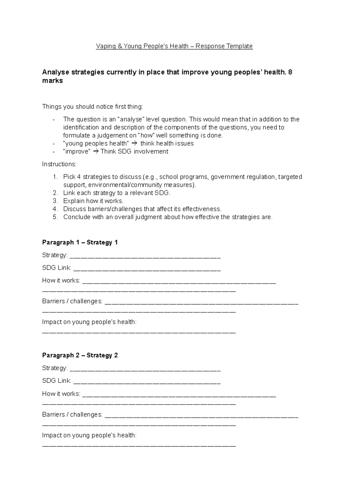 HMS Exemplar Question: Strategies for Improving Young Health (SDG ...