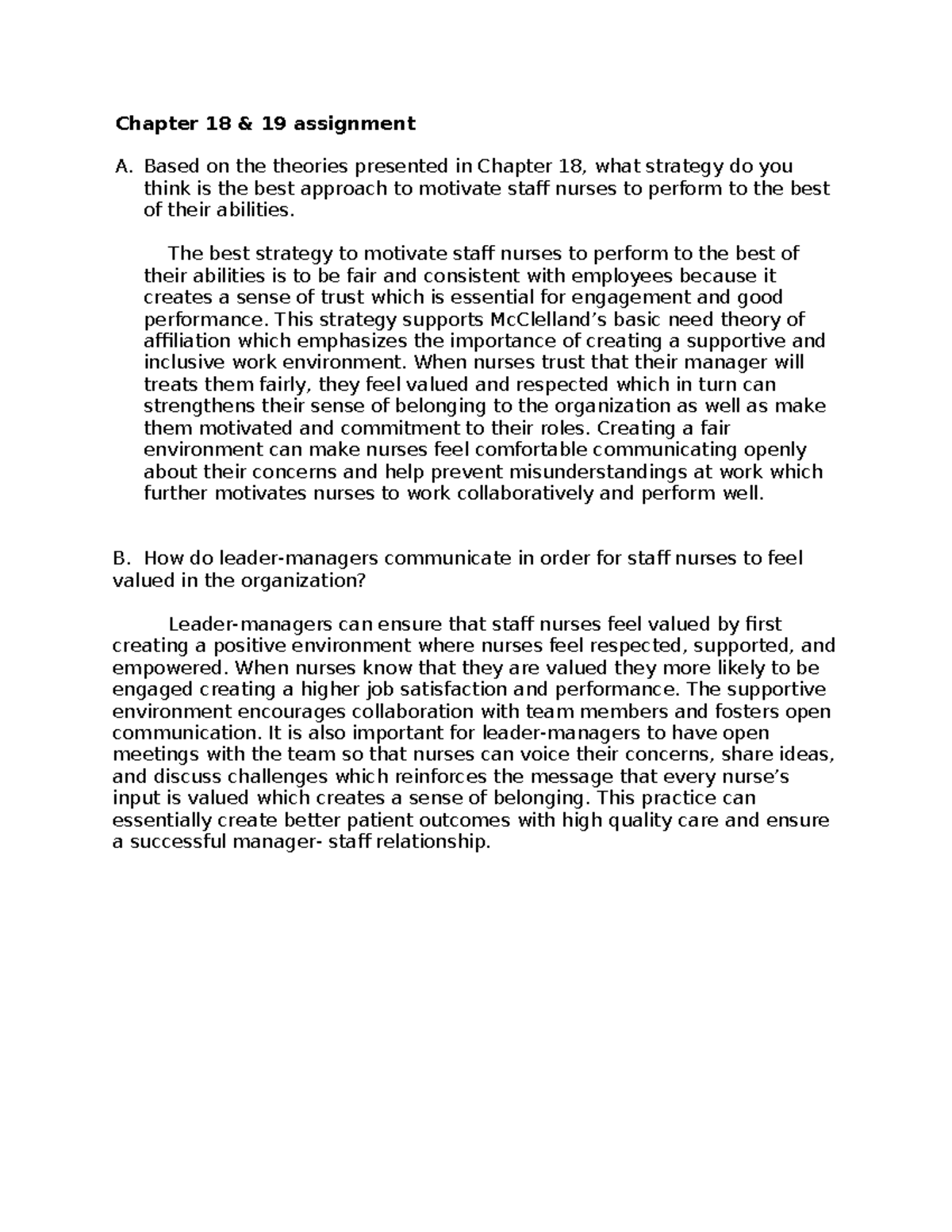 Chapter 18 & 19 Assignment: Motivating Staff Nurses Effectively - Studocu