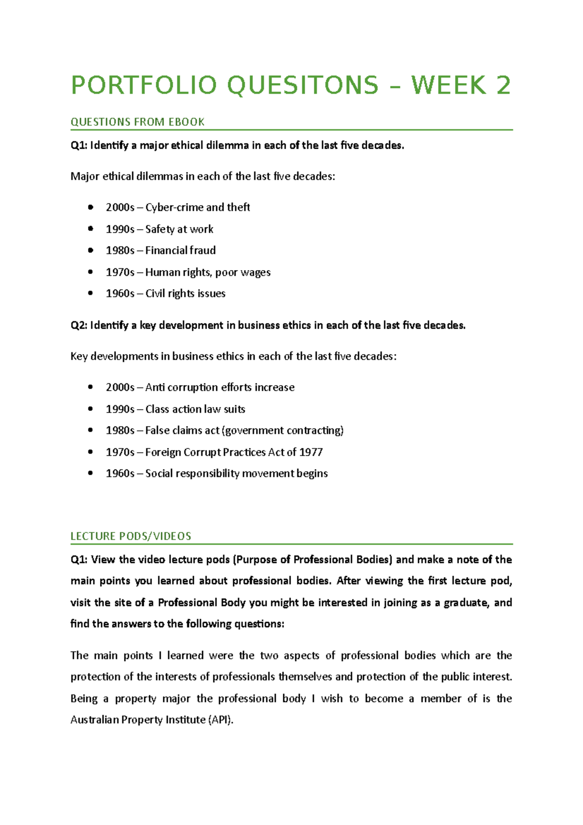 Portfolio Questions - Week 2: Insights on Ethics and Professional ...
