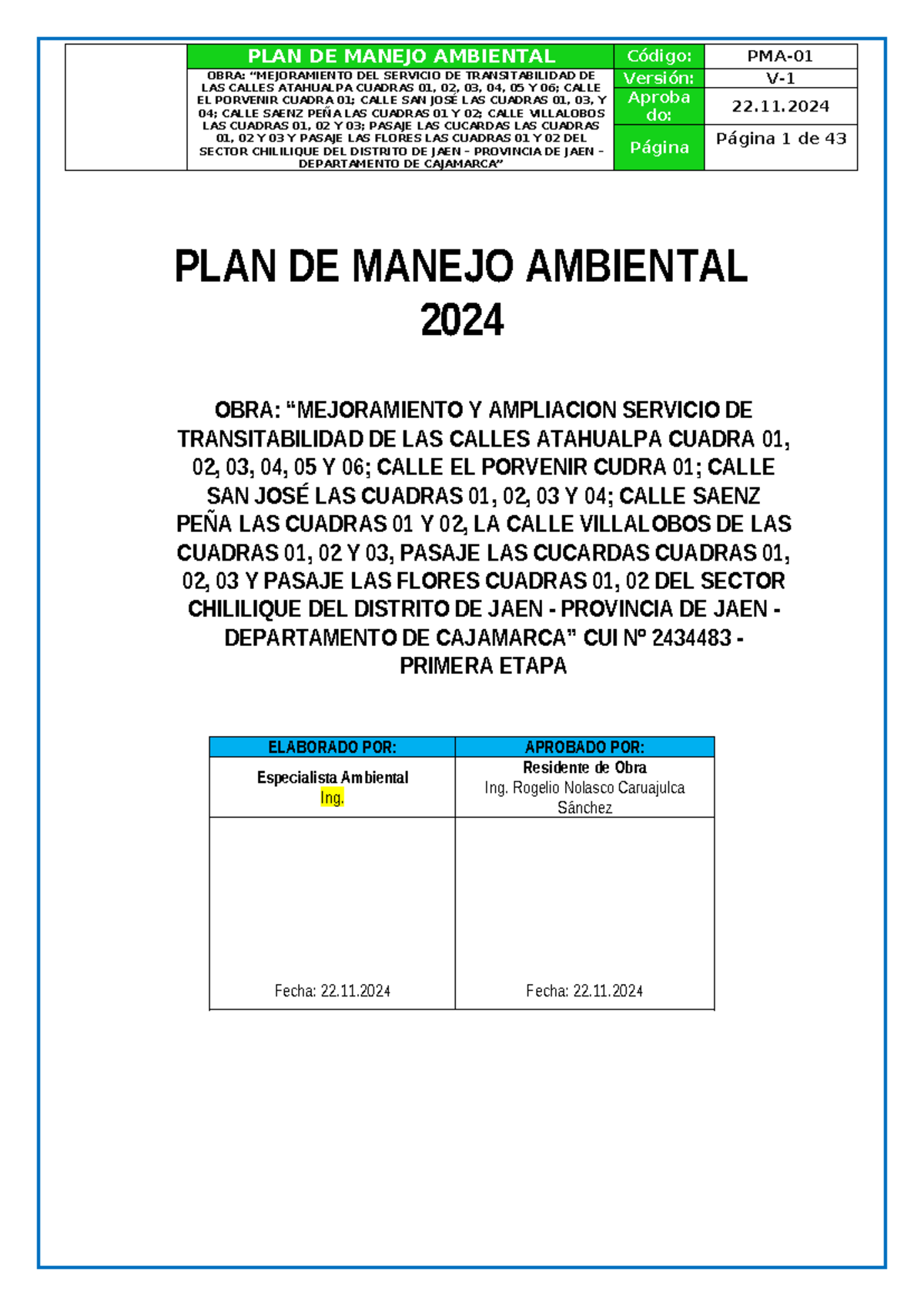 Plan de Manejo Ambiental para la Obra: Mejora de Calles 2024-1 - Document Preview