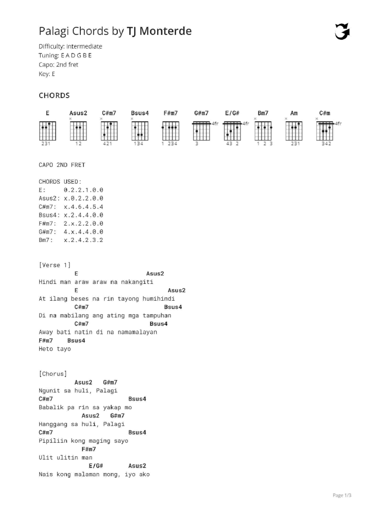 Palagi Chords - TJ Monterde (Intermediate, Capo 2) - Studocu