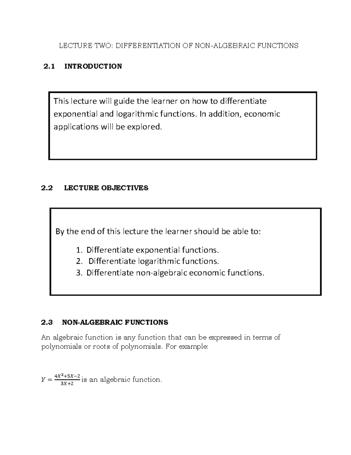 LECTURE 2: DIFFERENTIATION OF EXPONENTIAL & LOG FUNCTIONS - Studocu