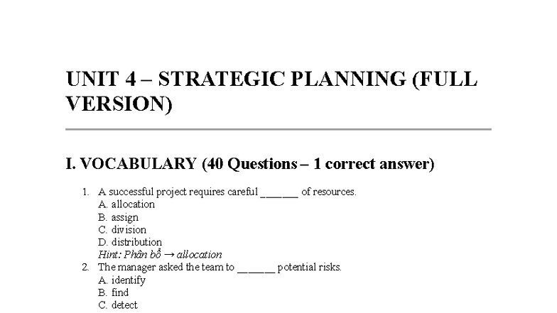 UNIT 4 STRATEGIC PLANNING VOCABULARY & EMAIL TASKS - Studocu