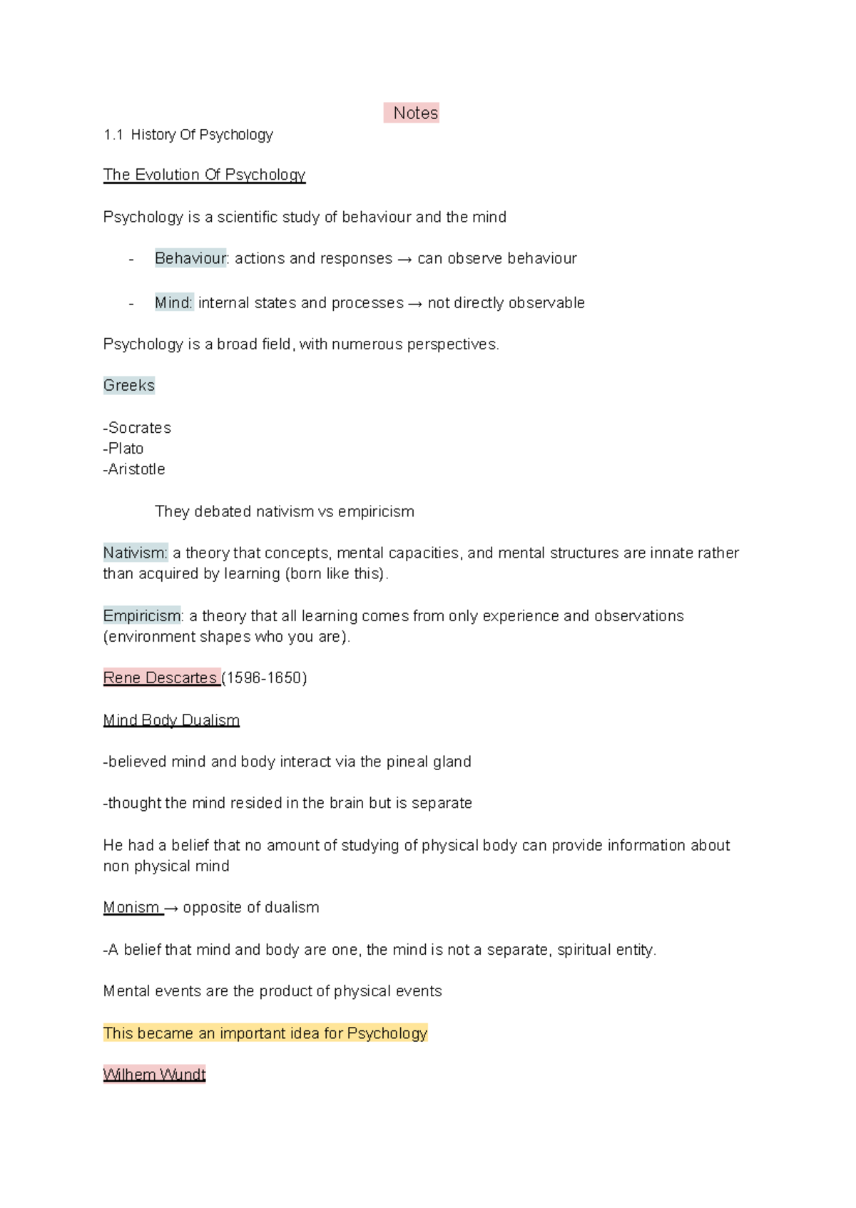 PSYCH 104, Notes for chapter 1-3 - Notes 1 History Of Psychology The ...