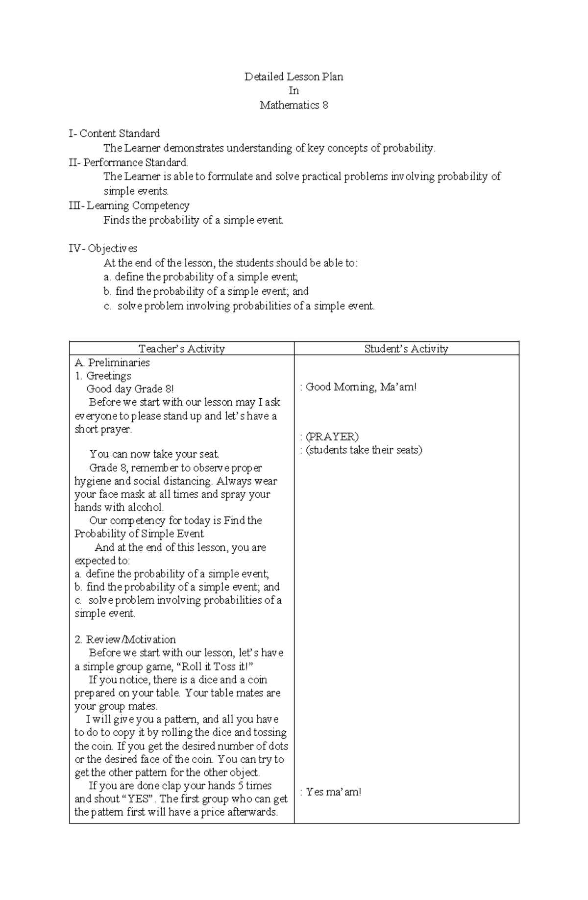 Detailed Lesson Plan on Probability for Math 8 (CO2) - Studocu