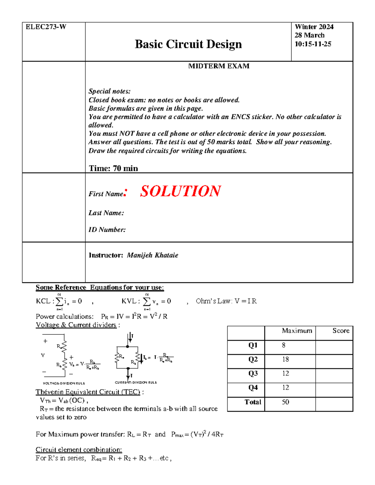 ELEC 273 Midterm 2 Solutions - Basic Circuit Design March 2024 - Studocu