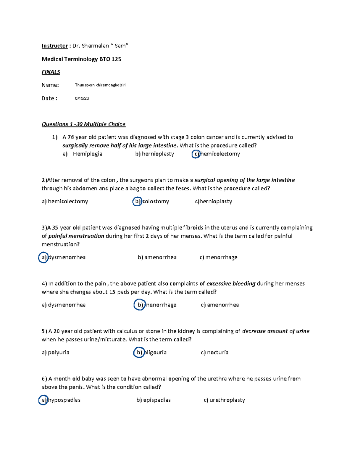 Medical Terminology BTO 125 Finals Study Guide - Studocu