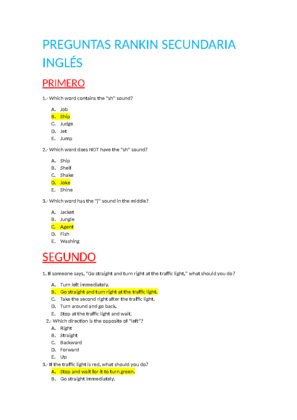 Preguntas para el Examen de Inglés Secundaria - Nivel I, II y III - Studocu