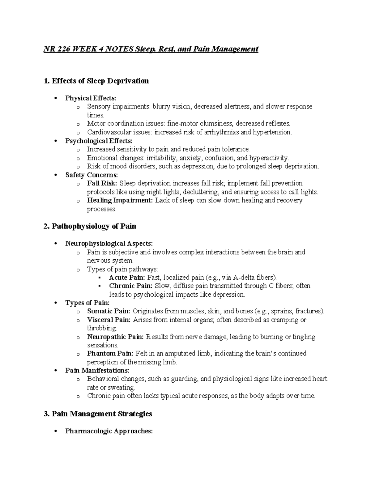 NR 226 WEEK 4 Notes: Sleep, Pain Management & Safety Strategies - Studocu