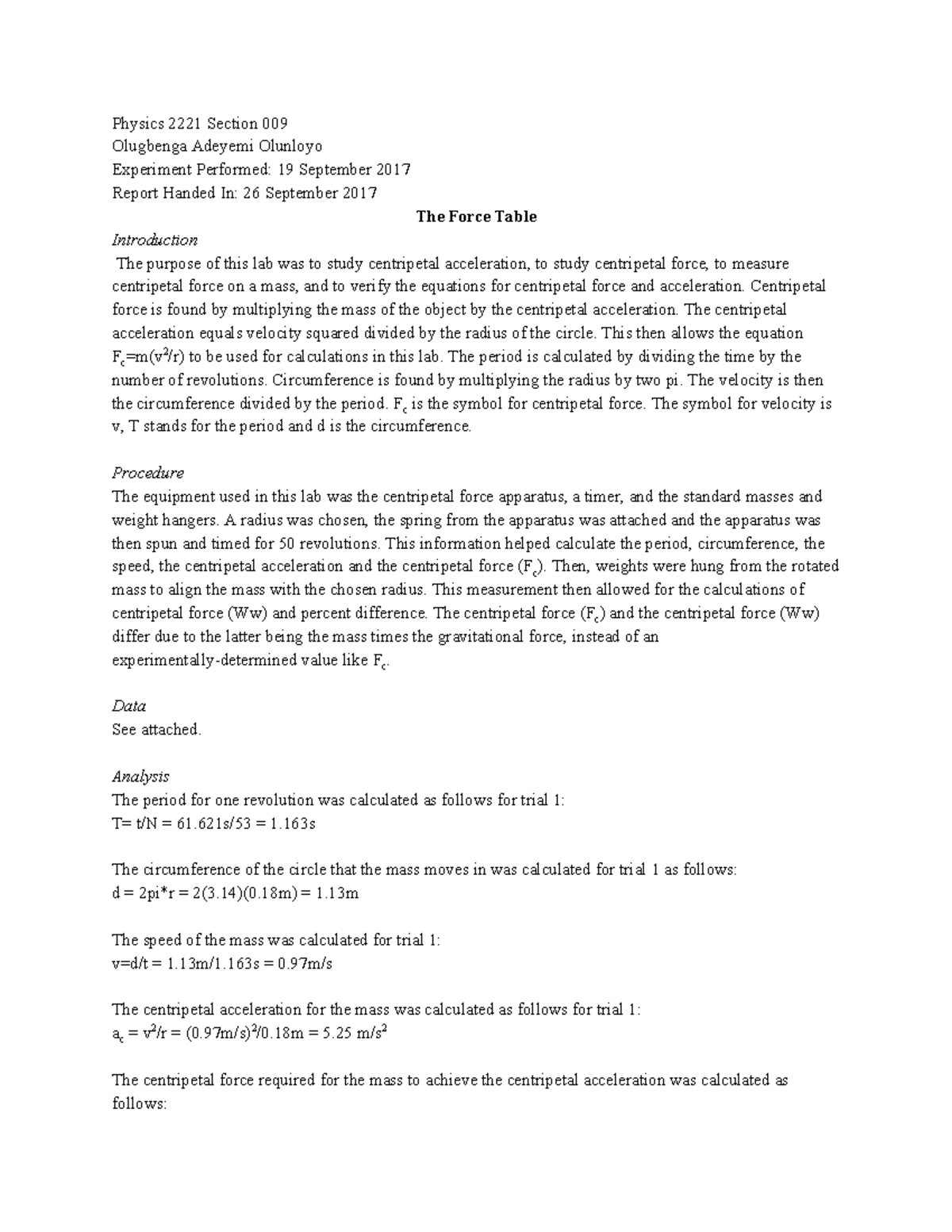Physics Lab Report Centripetal Acceleration - Physics Section 009 ...