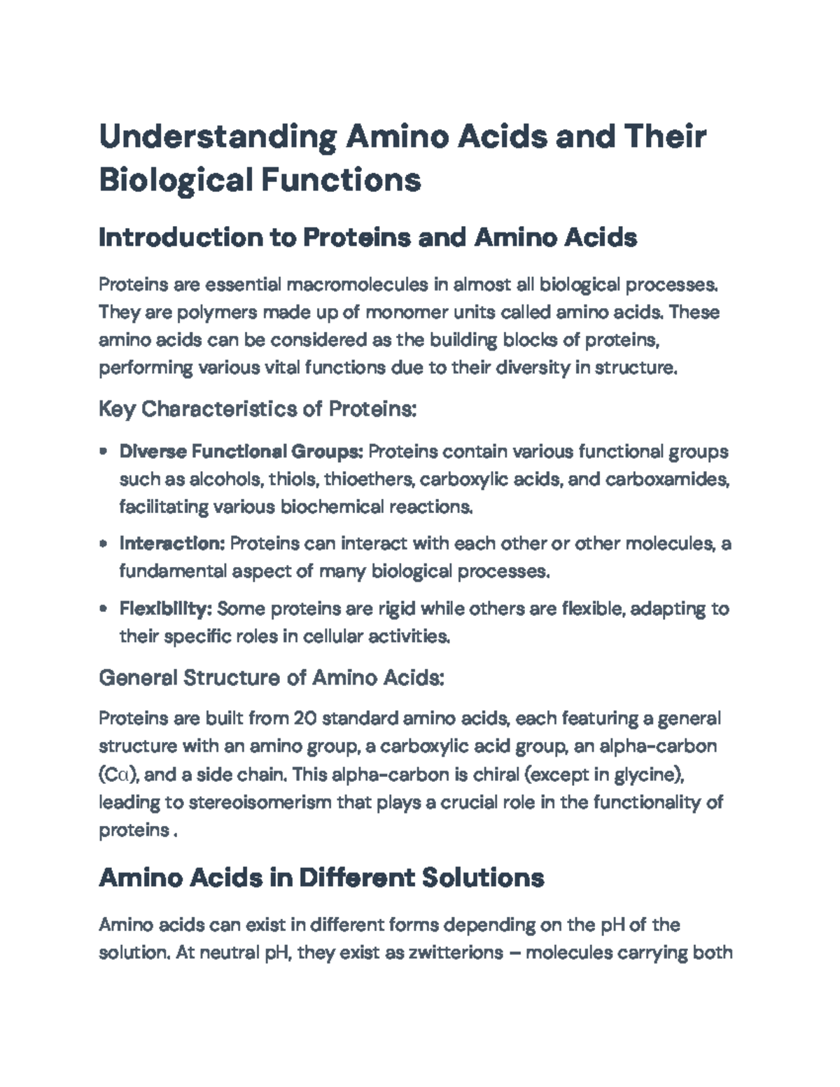 Amino Acids and Their Biological Functions - BIO 101 Lecture Notes ...